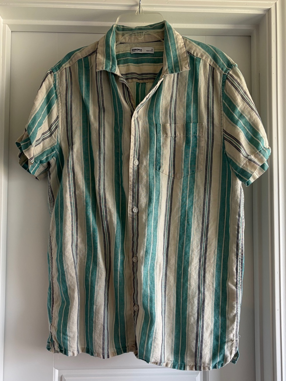 Men's Teal and Cream Striped Short-Sleeve Button-Up Shirt